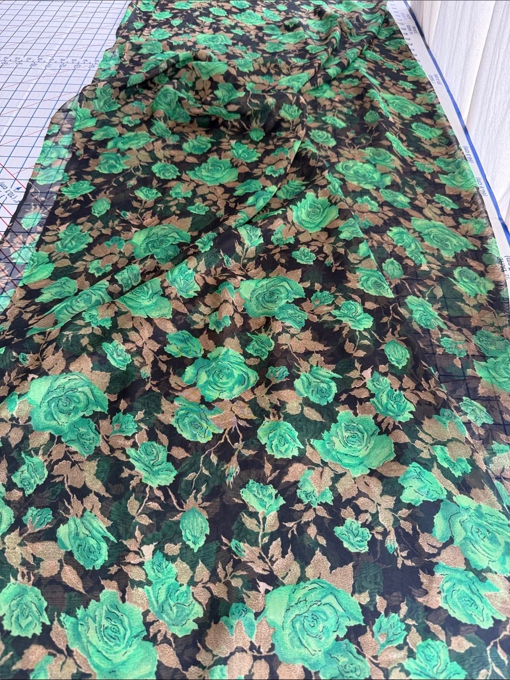 Vintage 70s Sheer Floral Fabric 4 Yards Green Roses Black Gold Flowy 42”